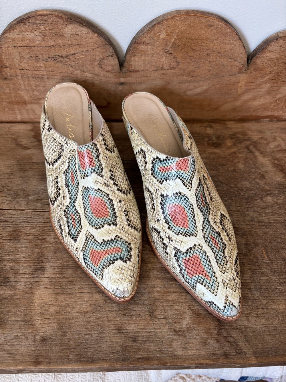 Matisse Snake-Print Pointed Mules in Cream with Coral & Teal Accents